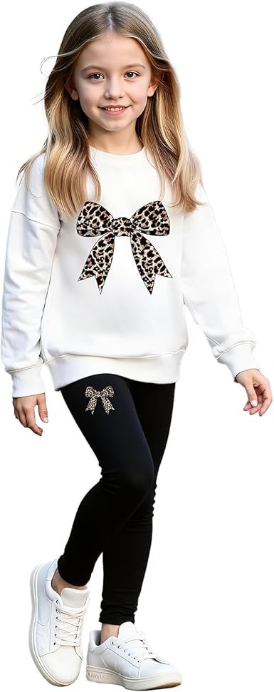 Girls Long Sleeve Sweatshirt 2 Piece, Bow Graphic Top and Pants Spring Fall Fashion Casual Clothes.