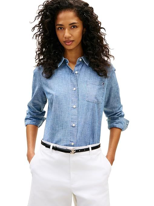 Tommy Hilfiger Womens Cotton Poplin Long Sleeve Button Down Shirt in Regular Fit with Roll Up Sleeve