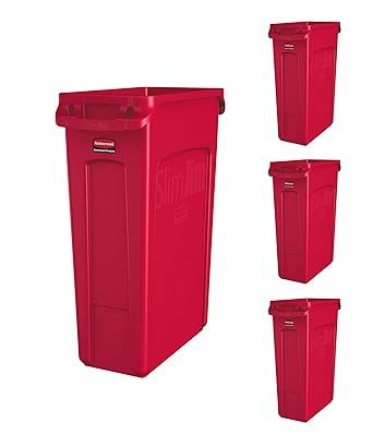 Rubbermaid Commercial Products Slim Jim Trash/Garbage Can with Venting Channels, 23-Gallon, Red, for Kitchen/Office/Workspace, Pack of 4