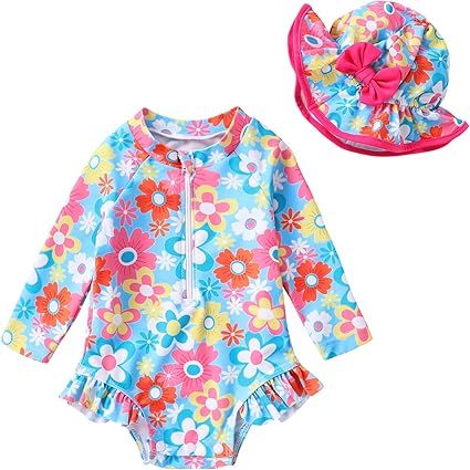 Infant Baby Girl Swimsuit One-Piece Long Sleeve Rash Guard with Hat Set Floral Zipper Bathing Suit Leopard Beach Wear