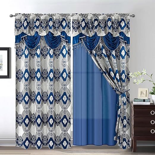 Petrichor Elegant Curtains with Gold Silver Threads 2 Panels Set - Luxury Window Treatment Attached Valance, Sheer Backing, and 2 Tie Backs for Bedroom and Living Room, 54x63 inches, Navy