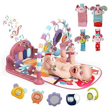 dearlomum Baby Play Mat Gym,Funny Play Piano Interactive Baby Activity Mat with 5 Infant Sensory Toys & 4 Wrist Rattle Socks, Boy & Girl Gifts for Newborn 0 to 3 6 9 12 Months(Pink)