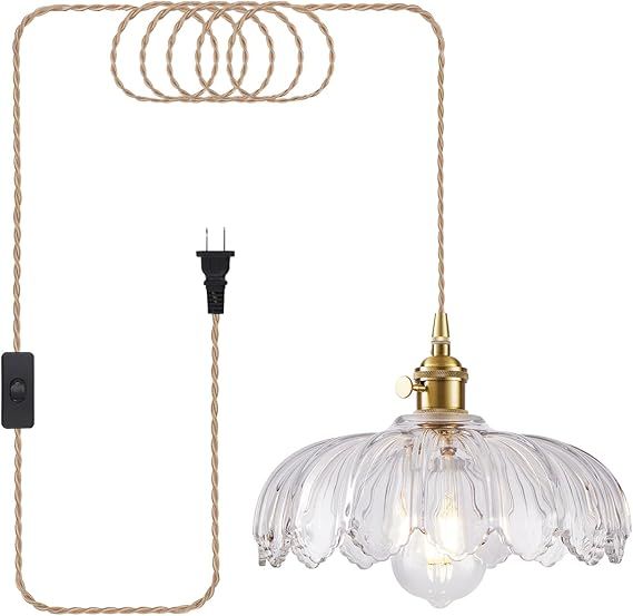 Plug in Pendant Light, Hanging Lights with Plug in Cord, Hanging Light Fixture with Green Glass, E26 Pendant Lighting for Kitchen Island, Bedroom, Dining Room-Clear