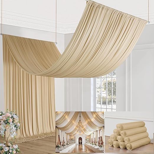 50ft×20ft Beige Ceiling Drapes for Weddings Parties,10 Panels 5×20ft Long Ceiling Curtain for Tent Canopy,Wrinkle Free Silky Easy to Draping&Hang Beige Drapes Backdrop for Event Church Stage Photo