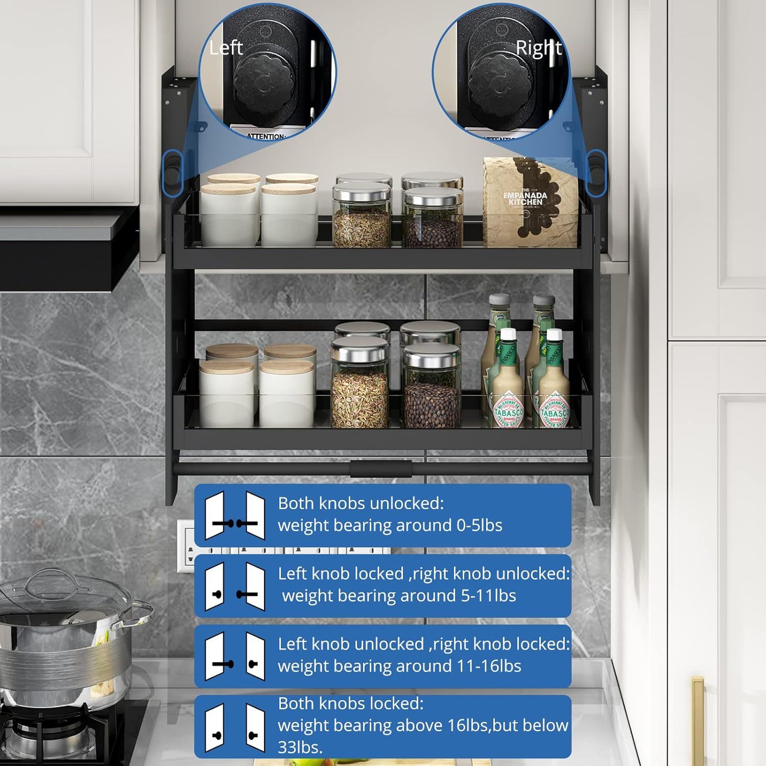Pull Down Shelf Upper Kitchen Wall Cabinet Storage Organizer (30inch Cabinet) Black