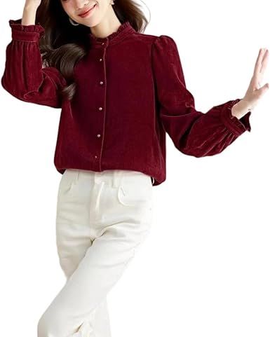 Women's French Vintage Ruffled Stand Collar Blouse Long Sleeve Button-Down Casual Loose Fit Work Shirt
