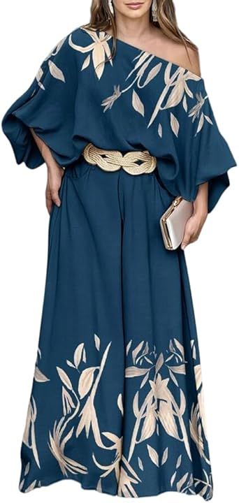 CHICME Women Summer 2 Piece Outfits Off Shoulder Lantern Sleeve Top Flowy Wide Leg Pants Set