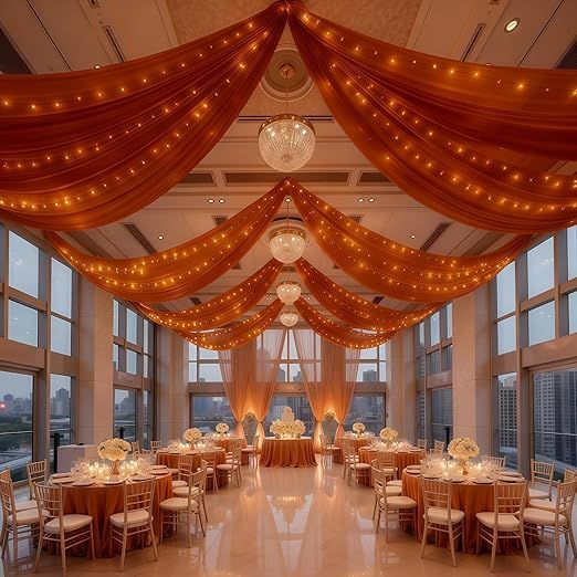6 Panels Terracotta Ceiling Curtains with Lights for Weddings - 5ftx30ft Wrinkle-Free Tulle Fabric Wedding Arch Draping Ceiling Drapes Decorations for Wedding Party Ceremony Stage Tent Event
