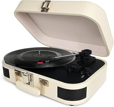WEY&FLY Vintage Suitcase Record Player, 3-Speed Portable Bluetooth Turntable with Built-in Speakers, for 7/10/12" Vinyl Records (White)