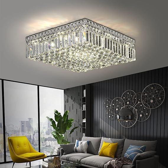 12-Lights Modern Flush Mount Ceiling Light Fixtures,Elegant Crystal Chandelier Pendant Ceiling Lamp for Bedroom,Living Room,Dining Room,Hallway H5.9 x W20 x L20 (Bulbs Not Included) Square