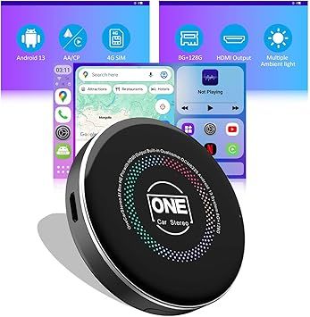 OneCarStereo CarPlay Ai Box HE Pro with Android 13 Octa-Core Chip 8+128GB, Wireless CarPlay Android Auto Adapter with YouTube Disney+ Apps, Support Video Output 4G SIM & Dual WiFi OTA Update (1)