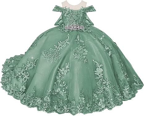 Boatneck Lace Flower Girl Dresses 3D Flower Ball Gown Dresses for Girls Pearly Crystal Girls Pageant Dress