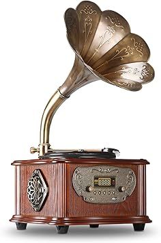 Record Player Retro Turntable All in One Vintage Phonograph Nostalgic Gramophone for LP with Copper Horn, Built-in Speaker 3.5mm Aux-in/USB