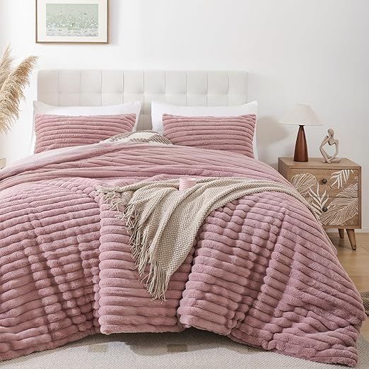 Smoofy Fluffy King Size Comforter Set 3 Pieces - Old Pink Fleece Fluffy Comforter King Size, Luxury Fuzzy King Bedding Set, Soft King Size Bed Set All Season, Heavy Bedding King with 2 Pillow Cases