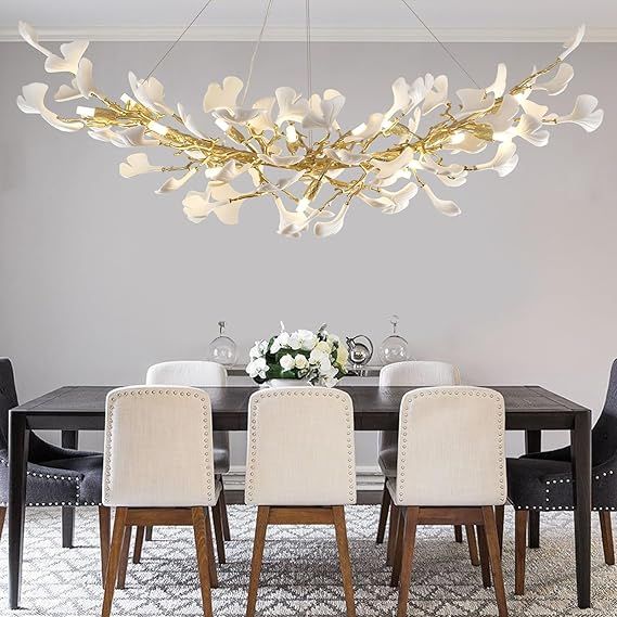 L55 Rectangle Ceramic Ginkgo Leaf Chandelier for Dining Room, Modern Rectangular Gold Tree Branch Chandeliers, Dining Chandelier Over Table,Linear Chandeliers for Dining Room,Kitchen Island