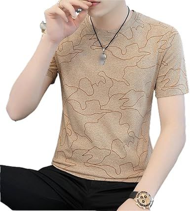 Khaki Pattern Men's Round Neck Ice Silk Short Sleeve Casual Thin Large T-Shirt