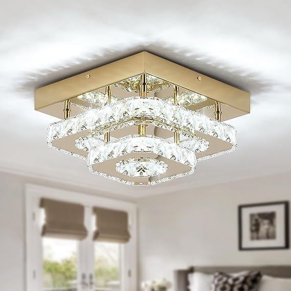 Small Square Crystal Chandelier Flush Mount Ceiling Light, 9.8” Surface Mount LED Fixture with Built-in Light, Gold Modern Ceiling Light for Bedroom, Hallway, Living Room 6000K