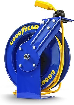 Goodyear Extension Cord Reel Retractable 14AWG x 100' Feet 3C SJTOW Cable Triple Tap Connector Power Rating 125 Volt AC 13 Amp 1625 Watt Industrial Steel Single Arm