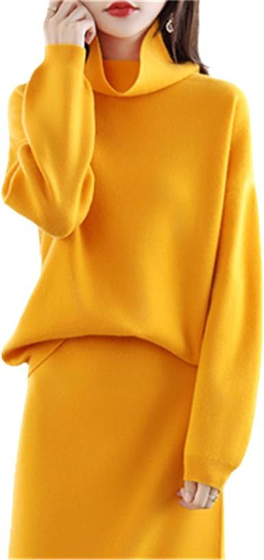 Autumn/Winter Women's Cashmere Sweater Dress Loose Turtleneck 100% Wool Over Knee Knit Skirt Two Piece Set