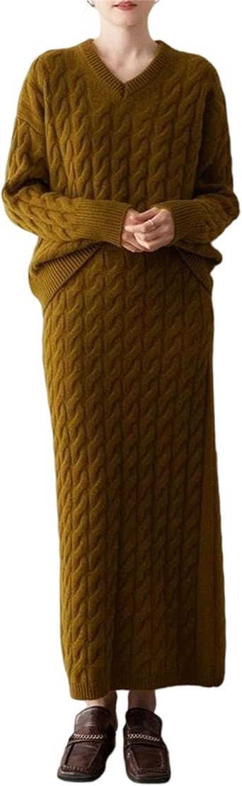 Women's Casual 2 Piece Wool Skirt Set Featuring A V-Neck Cable Knit Long Sleeve Pullover Sweater And A Matching A-Line Skirt