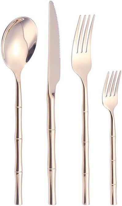 4/16/24/32/40/48pcs 304 Stainless Steel Cutlery Bamboo Handle Knife, Fork and Spoon,Rose Gold,12