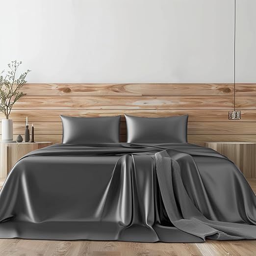 100% Mulberry Silk Sheet Set - 22 Momme Grade 6A, 16-18 Inch Deep Pocket, Indulgent Sheets for Dreamlike Comfort, Full XL-Dark Grey