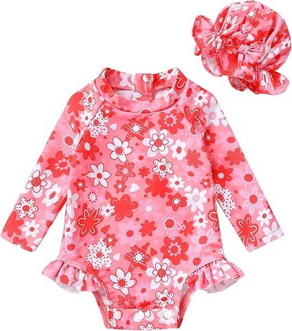 Infant Baby Girl Swimsuit One-Piece Long Sleeve Rash Guard with Hat Set Floral Zipper Bathing Suit Leopard Beach Wear
