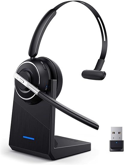 Bluetooth Headset, Wireless Headset with Microphone for PC, V5.2 Computer Headset with Noise Cancelling Mic, USB Dongle, Charging Base & Mute Button for Work, Cell Phones, Computer (Black)