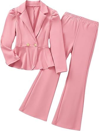 Milumia Girl's 2 Piece Outfits Ruffle Long Sleeve Button Blazer and Pants