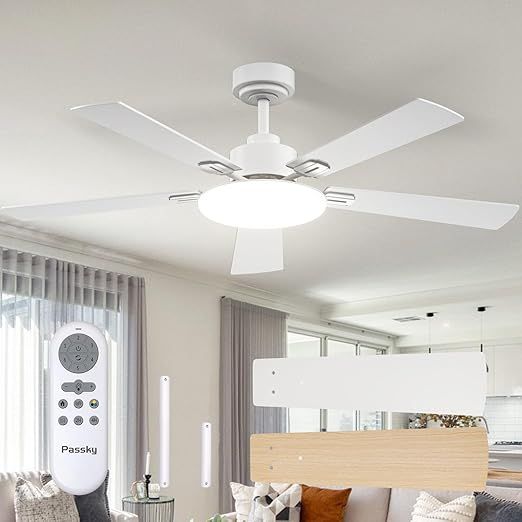 Passky Ceiling Fans with Lights, 52 inch Sleek Ceiling Fan with Light and Remote Control, 3CCT, Dimmable, Reversible, Noiseless, White Ceiling Fan for Bedroom, Living Room