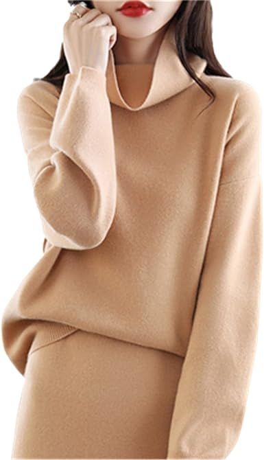 Autumn/Winter Women's Cashmere Sweater Dress Loose Turtleneck 100% Wool Over Knee Knit Skirt Two Piece Set