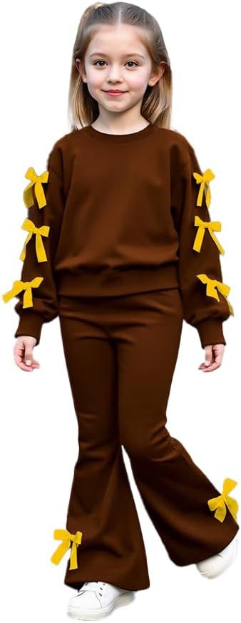 Girls Long Sleeve Sweatshirt 2 Piece, Bow Graphic Top and Pants Spring Fall Fashion Casual Clothes.