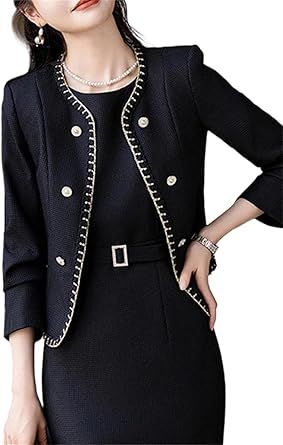 Women's 2 Piece Skirt Sets Tweed Trim Long Sleeve Blazer Pencil Skirt Business Suits Work Outfits