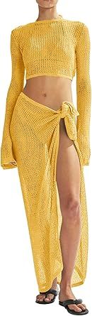 Women's Swimsuits Cover Ups Set for Crochet Bathing Suit Hollow Out 2 Piece Bikini Coverup Beach Swimwear