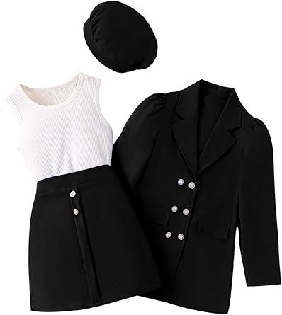 Milumia Girl's 4 Piece Outfits Knit Top Mini Skirt and Blazer Jacket with Hats