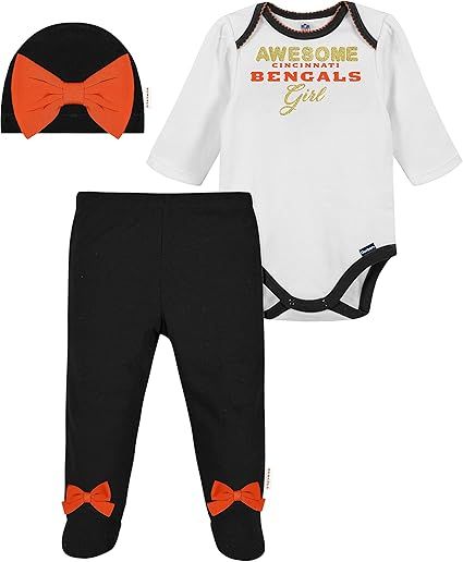 Gerber NFL baby girls 3 Pack Bodysuit Registry Gift Set Footed Pant and Cap