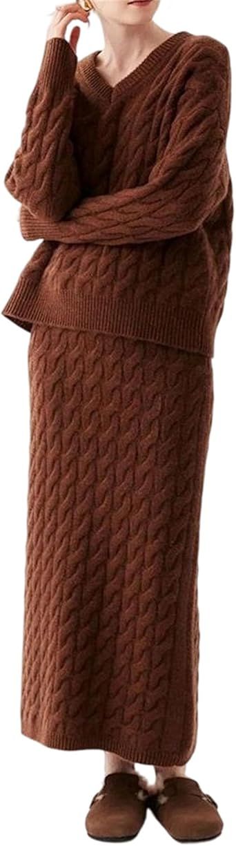 Women's Casual 2 Piece Wool Skirt Set Featuring A V-Neck Cable Knit Long Sleeve Pullover Sweater And A Matching A-Line Skirt