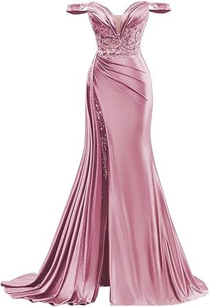 Homdor Off Shoulder Satin Prom Dresses Long 2026 Beaded Formal Dresses Pleated Evening Party Gown with Slit Tail