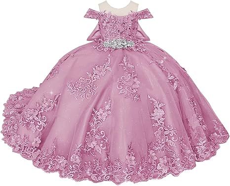 Boatneck Lace Flower Girl Dresses 3D Flower Ball Gown Dresses for Girls Pearly Crystal Girls Pageant Dress