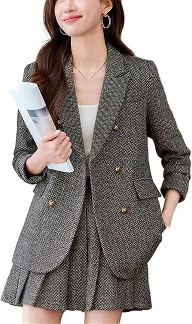 Women's Office Two Piece Suit Set Thick Woolen Notched Lapel Long Sleeve Blazer and Skirt