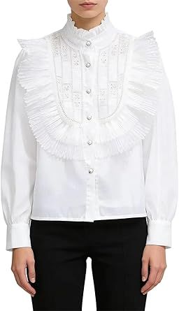 Solid Loose Spliced Ruffles Casual Shirts for Women Stand Neck Long Sleeves Patchwork Beads Shirt