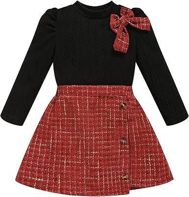 Toddler Girl Plaid Outfits Fall Winter Dress Knit Ribbed Bow Sweatshirt Tops and Button Fashion Skirts Set