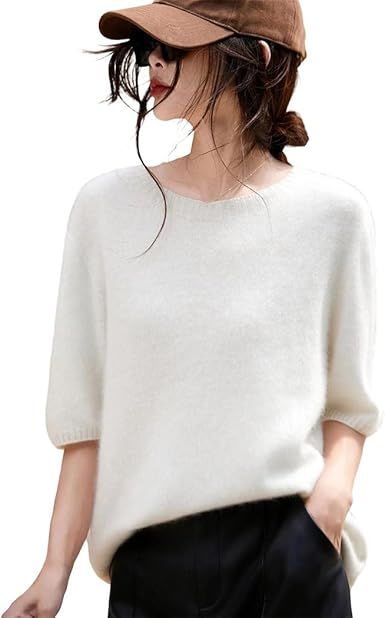 Women's Short Sleeve Crewneck Pullover Merino Wool Seamless Knit Top Soft Warm Casual Autumn Winter T-Shirt