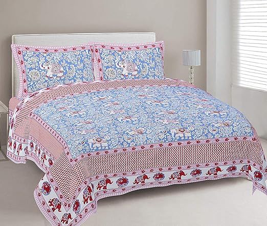 Cotton Printed Bedsheet Set | Soft-Breathable Bedding with Zippered Pillow Covers (Blue-RED, King (U.S. Standard))