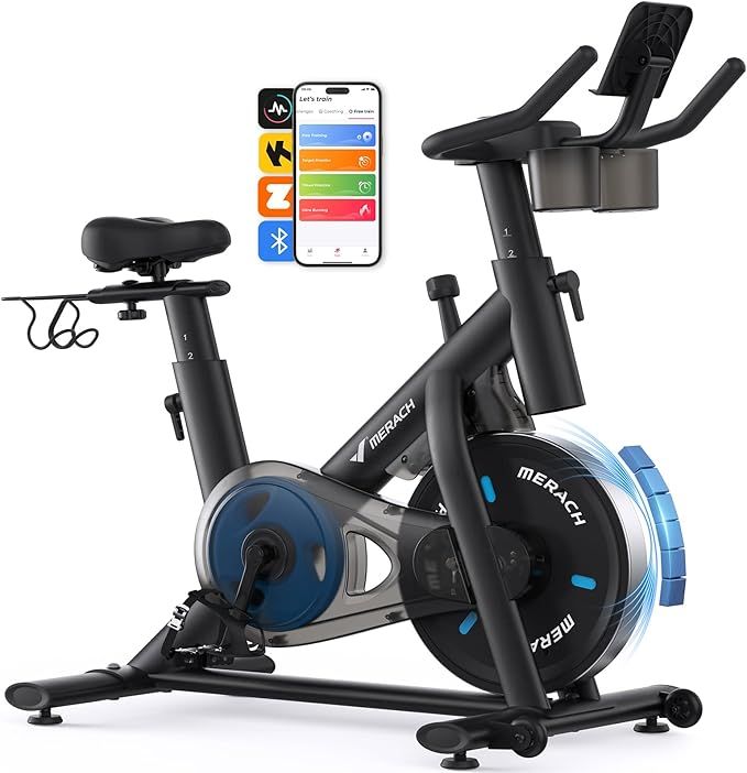 MERACH Exercise Bike, Brake Pad Stationary Bike with Exclusive App, Low Noise Indoor Cycling Bike with 300lbs Weight Capacity, Tablet Mount and Fitness Courses for Weight Loss