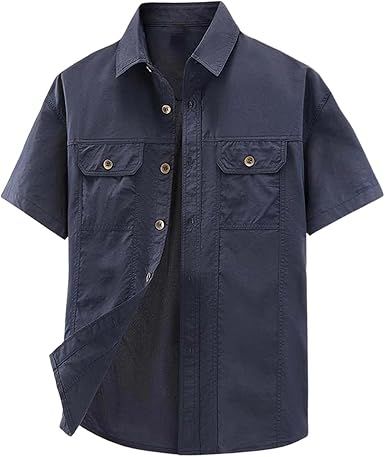 Adhdyuud Men's Short Sleeve Button Down Shirt Lightweight Quick Dry Outdoor Flap Pockets Workwear Shirt