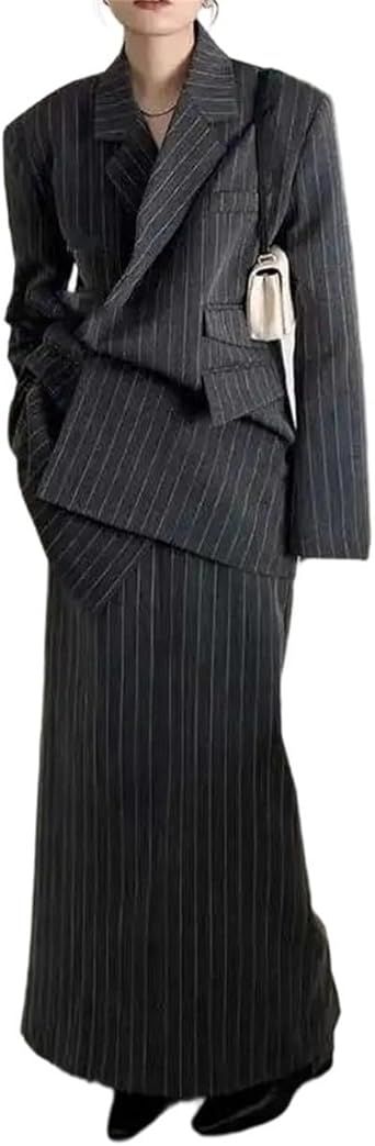 Women's Loose Fit Stripe Single Breasted Diagonal Buckle Blazer Designer Skirt Set