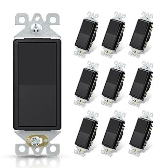 ELEGRP Matte Black Single Pole Decorator Light Switch, 15Amp, 120-277V, Decorative Paddle Rocker Switch Replacement, On/Off Wall Switch, Self-Grounding, Residential/Commercial Grade, UL/CUL (10 Pack)