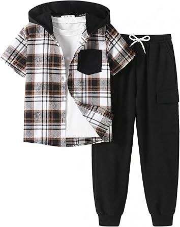 2Pcs Boys Clothes Outfits Plaid Short Sleeve Hooded Button Shirt and Jogger Pants for Kids Spring Summer Pants Set