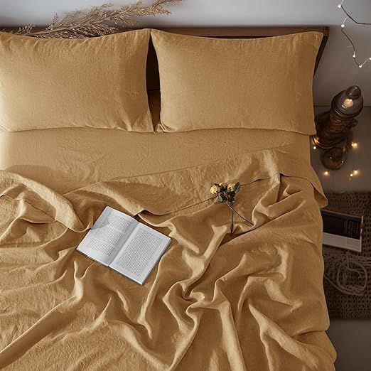 LBRO2M 100% Linen Sheet Set Twin XL Size,Bed Sheets 3 Piece Sets,Solid Color Natural Flax Bed Sheets Soft Breathable Bedding,16" Deep Pocket,All Season (Twin XL, Rust)